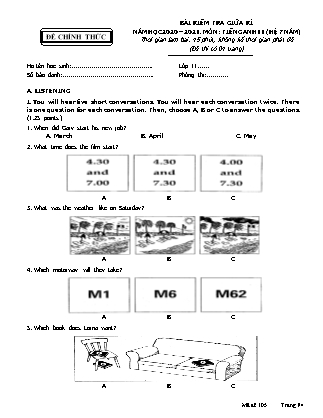 Bài kiểm tra giữa kì - Môn: Tiếng Anh 11 (hệ 7 năm)