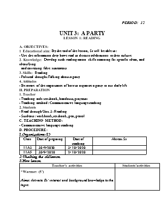 Giáo án Tiếng Anh Lớp 11 - Unit 3: A party - Lesson 1: Reading