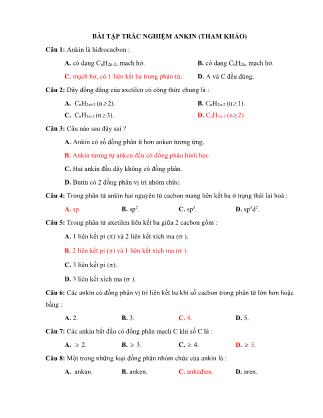 Câu hỏi trắc nghiệm Hóa học Lớp 11 - Ankin (Có đáp án)