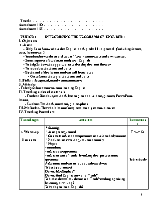 Giáo án Tiếng Anh Lớp 11 Thí điểm - Chương trình học kì 1 (Bản hay)