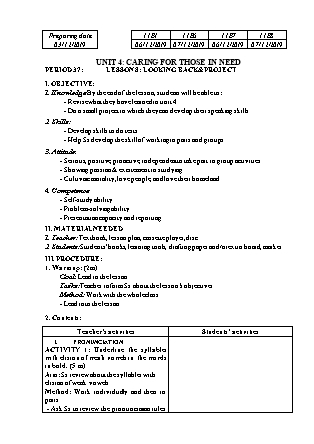 Giáo án Tiếng Anh Lớp 11 (Thí điểm) - Unit 4: Caring for those in need - Lesson 8: Looking back and project - Năm học 2019-2020