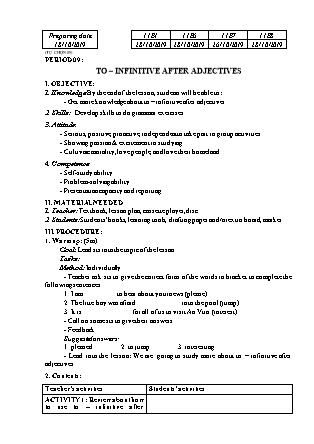 Giáo án tự chọn Tiếng Anh Lớp 11 (Thí điểm) - Tiết 9: To - Infinitive after adjectives - Năm học 2019-2020