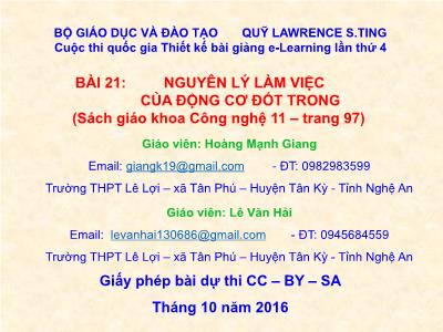 Bài giảng Công nghệ Lớp 11 - Bài 21: Nguyên lý làm việc của động cơ đốt trong - Hoàng Mạnh Giang