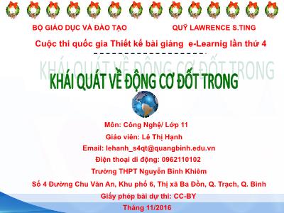 Bài giảng Công nghệ Lớp 11 - Khái quát về động cơ đốt trong - Lê Thị Hạnh