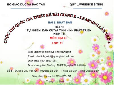 Bài giảng Địa lí Lớp 11 - Bài 9: Nhật Bản - Tiết 1: Tự nhiên, dân cư và tình hình phát triển kinh tế - Lê Thị Như Bình