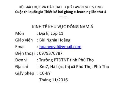 Bài giảng Địa lí Lớp 11 - Kinh tế khu vực Đông Nam Á - Bùi Nghĩa Hoàng