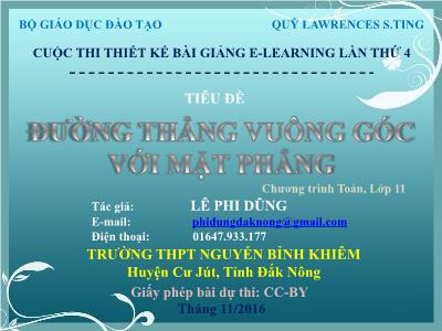 Bài giảng Toán Lớp 11 - Đường thẳng vuông góc với mặt phẳng - Lê Phi Dũng