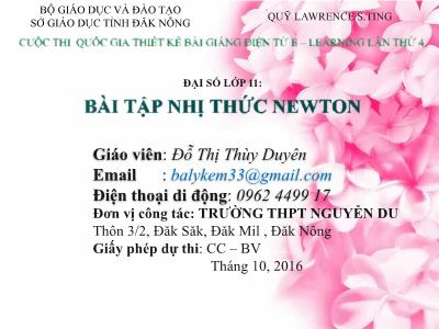 Bài giảng Toán Lớp 11 - Tiết 27: Bài tập nhị thức Newton - Đỗ Thị Thùy Duyên