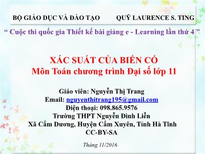 Bài giảng Toán Lớp 11 - Xác suất của biến cố - Nguyễn Thị Trang