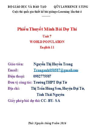 Thuyết minh bài giảng Tiếng Anh Lớp 11 - Unit 7: World population - Nguyễn Thị Huyền Trang